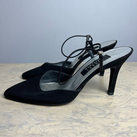 Vintage Stuart Weitzman Heels Black Straps Pointy Toe Stiletto Rhinestones Y2K - Picture 1 of 11
